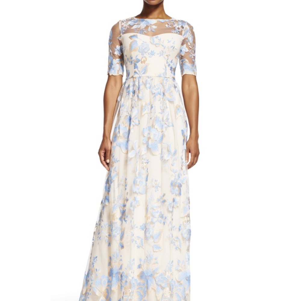 Adrianna Papell Embroidered Lace Round Neck Gown
